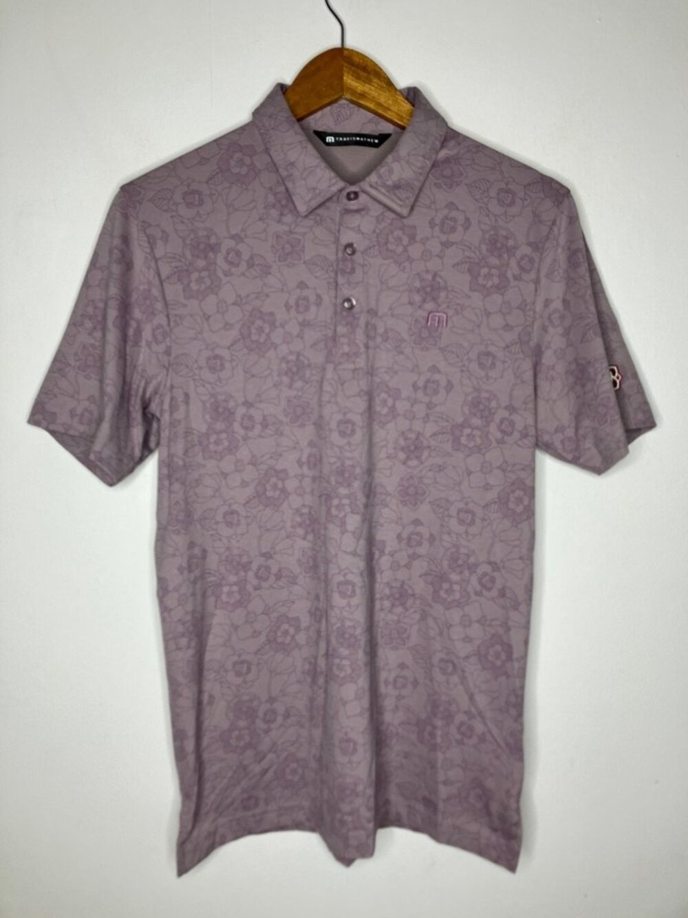 TravisMathew Men's Small Floral Polo Shirt Purple Performance Golf Casual
